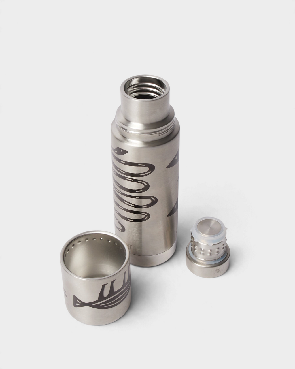 by Parra Snakes and Darwin Klean Kanteen Bottle - Brushed, opened, showing the cup lid and the stopper