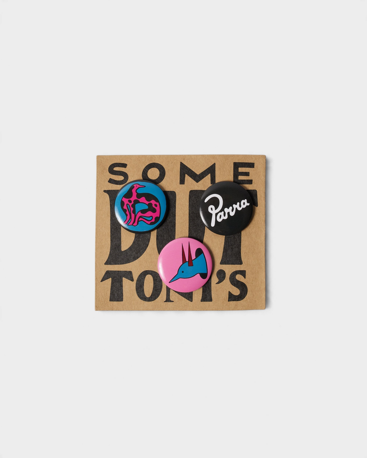 by Parra Some Butonis Pin-Back Set - Pink, the three pin-back buttons on their Some Butonis backing card
