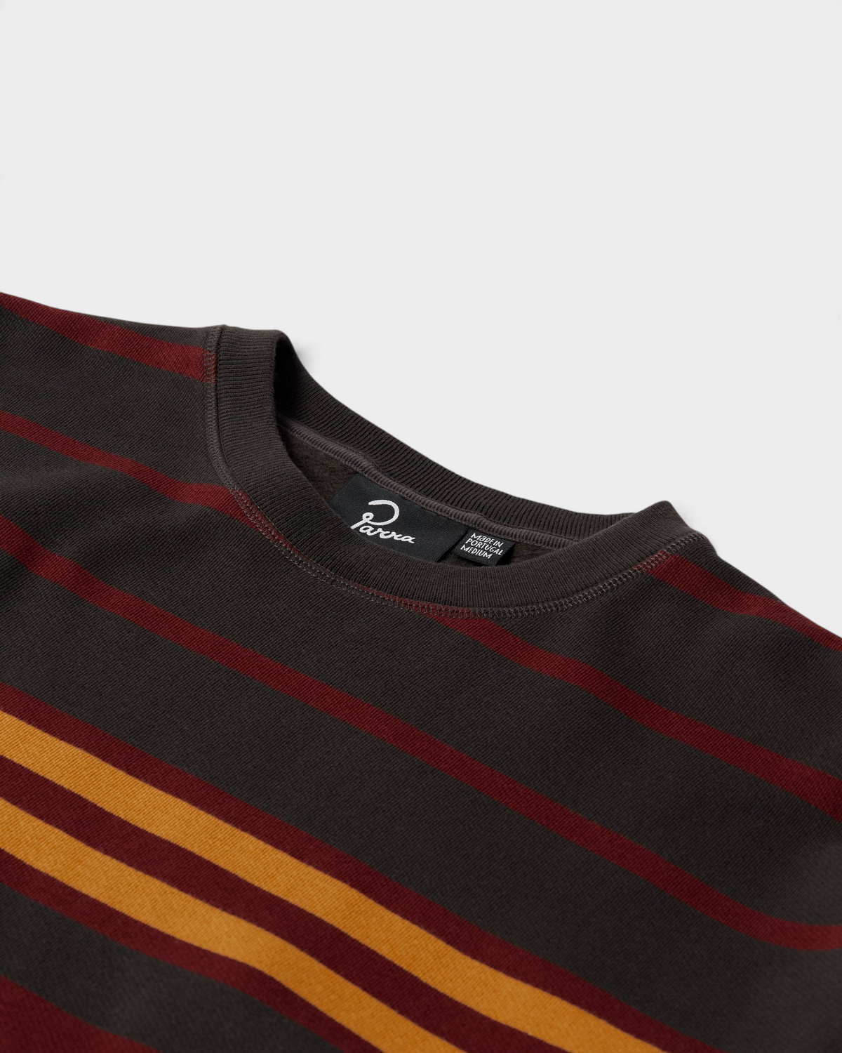 by Parra Sweatstriped Crewneck Sweatshirt - Brown, close-up of the stripes and crew neck
