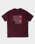 by Parra Tripped Up T-Shirt - Dark Red, front flat-lay with the Tripped up print of a blue figure bending over on a red square