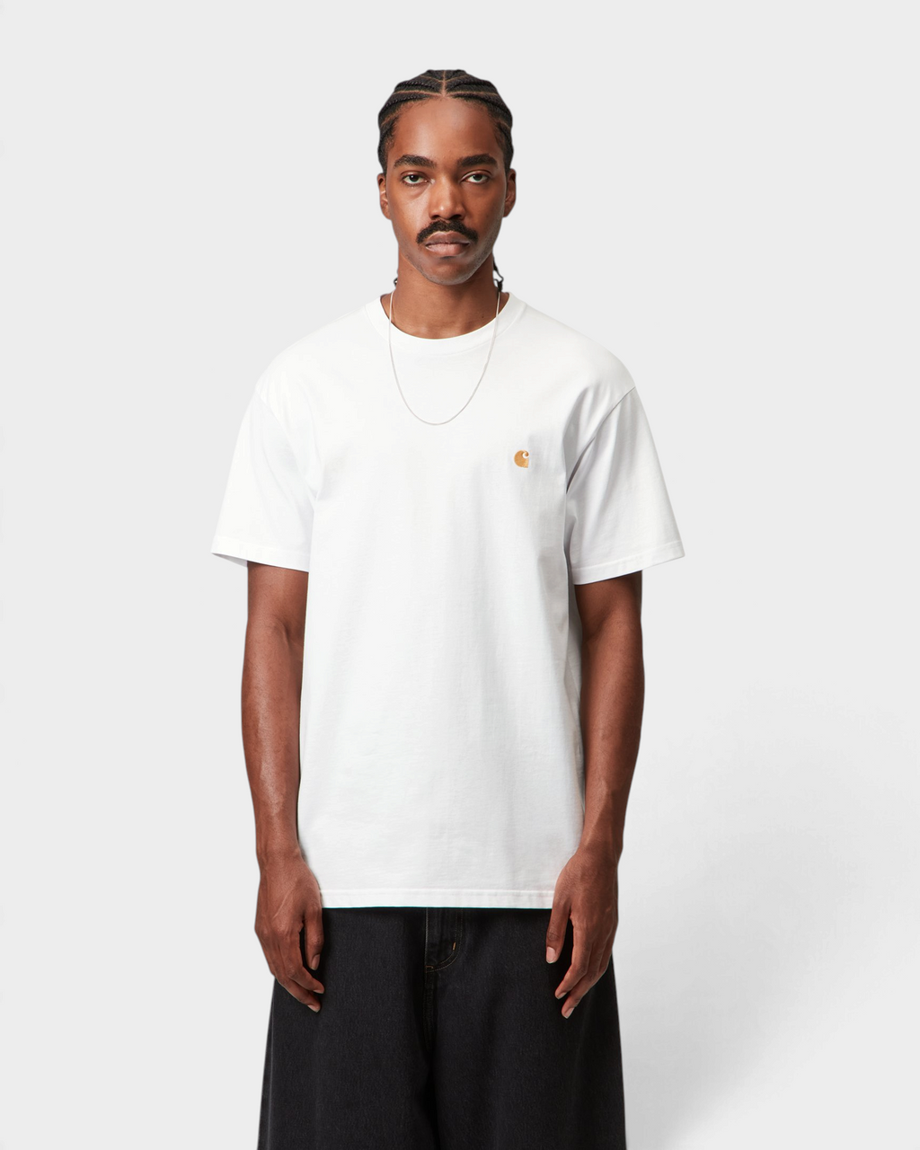 Carhartt Chase T-Shirt - White/Gold, worn by a model