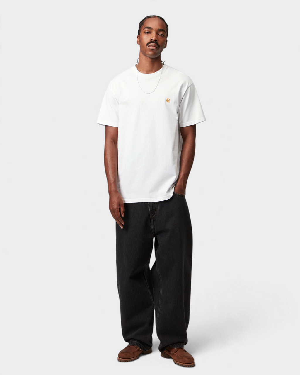 Carhartt Chase T-Shirt - White/Gold, worn by a model