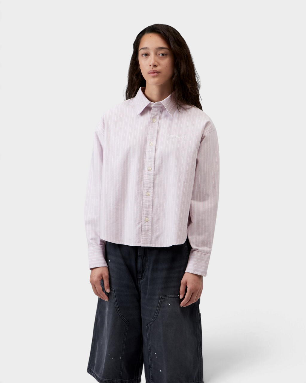 Carhartt W' Long-Sleeve Kanan Shirt - Kanan Stripe, Hortensia, worn by a model