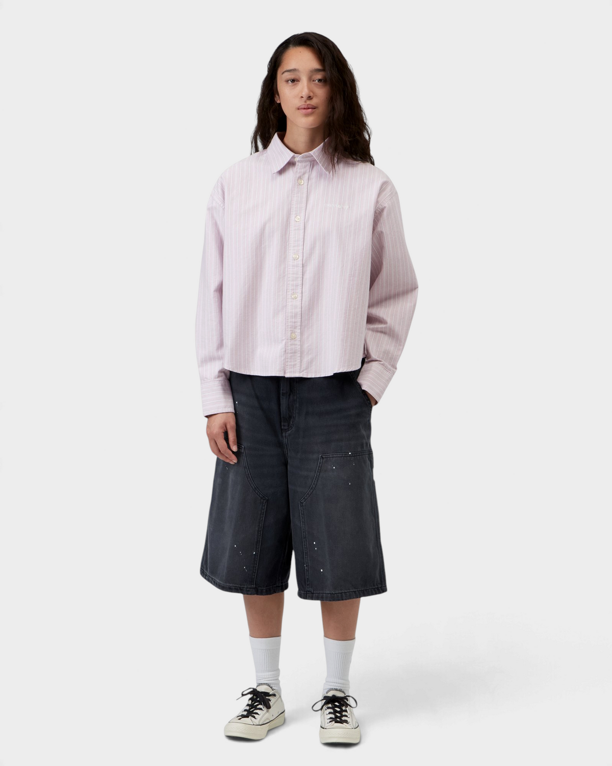 Carhartt W' Long-Sleeve Kanan Shirt - Kanan Stripe, Hortensia, worn by a model