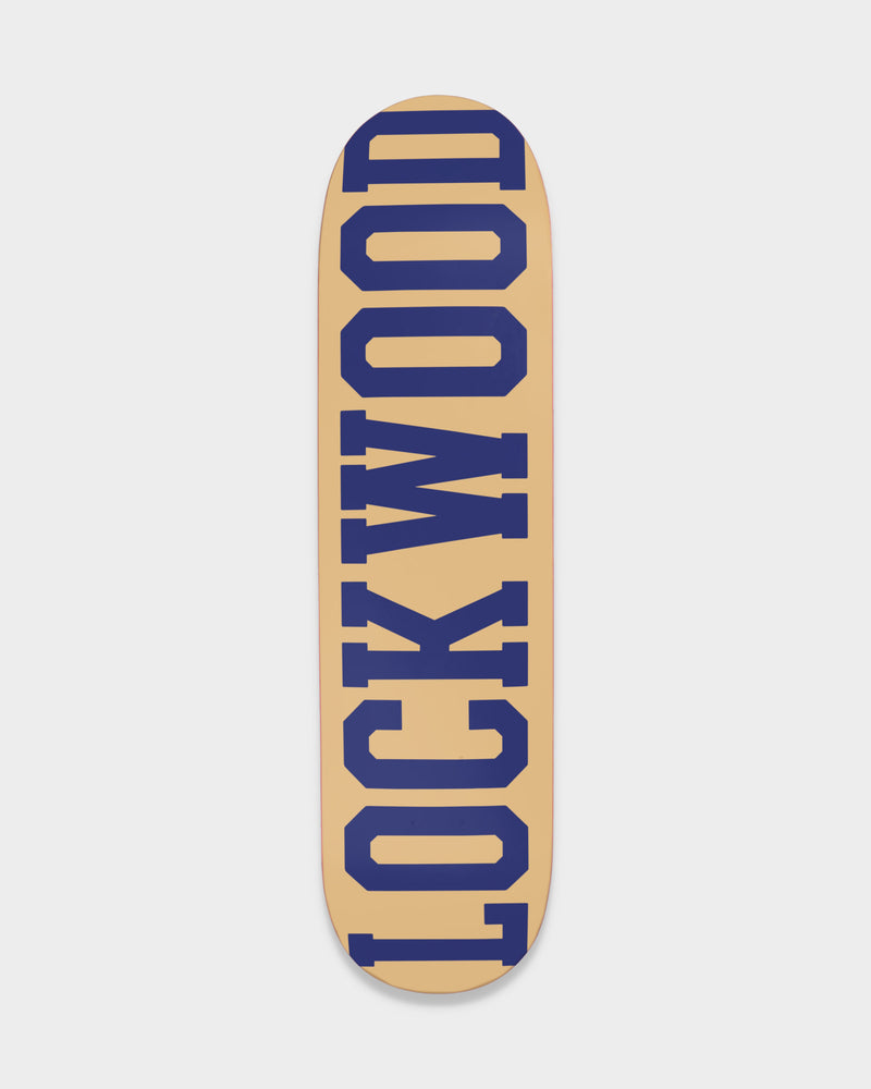 Lockwood College Beige/Blue Deck 8.0", beige deck with LOCKWOOD in navy college lettering running the length of the board