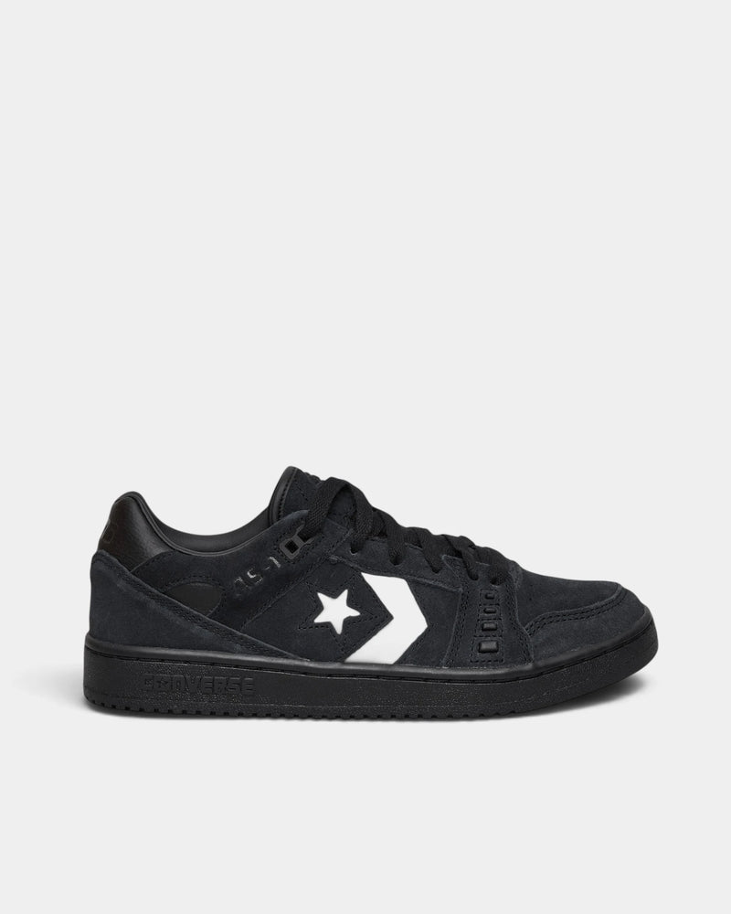 Lockwood Avenue Converse CONS AS-1 Pro Suede Shoes in black suede, side view showing the vintage white star chevron, black leather heel and black cupsole