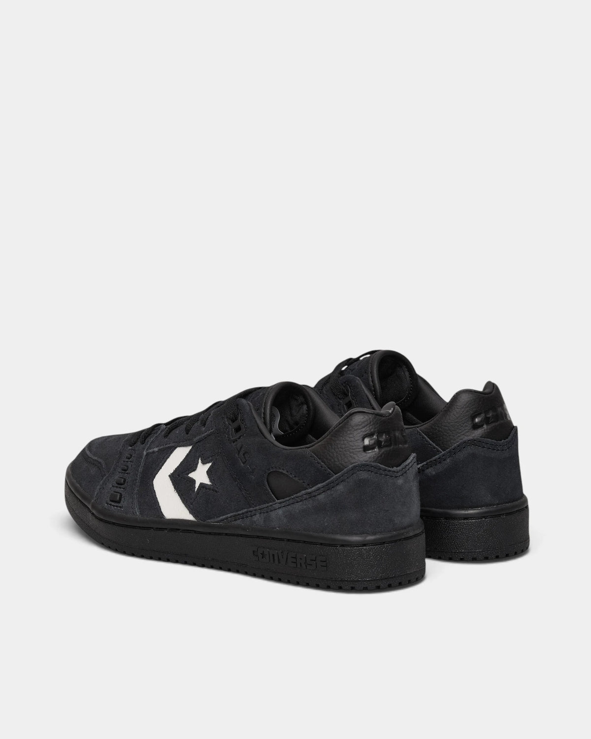 Lockwood Avenue Converse CONS AS-1 Pro Suede Shoes, a pair in black suede seen from behind at an angle, showing the black leather heel counters