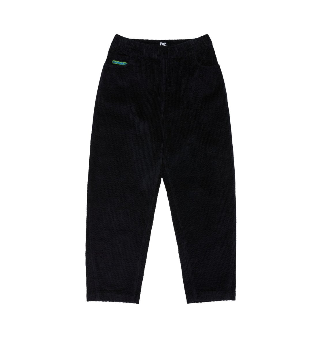 DC Barrel Cord kids trousers in black, flat-lay front view of wide-leg corduroy trousers with an elasticated waist
