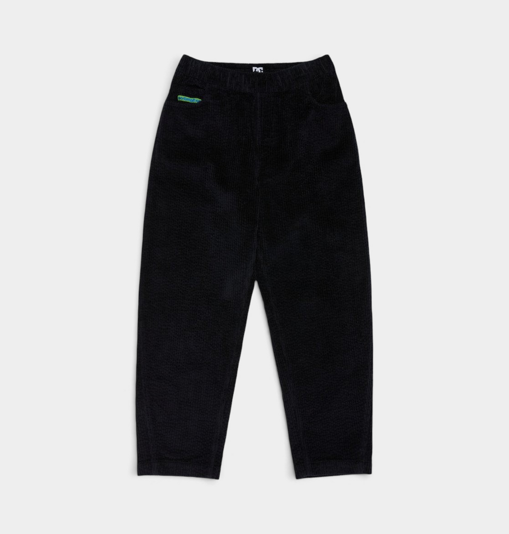DC Barrel Cord kids trousers in black, flat-lay front view of wide-leg corduroy trousers with an elasticated waist