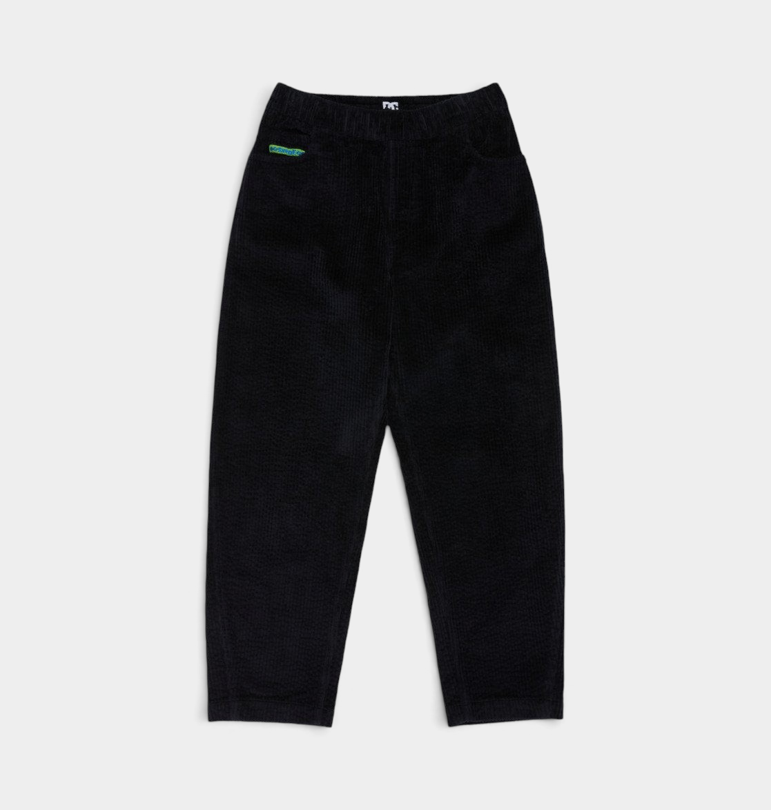 DC Barrel Cord kids trousers in black, flat-lay front view of wide-leg corduroy trousers with an elasticated waist