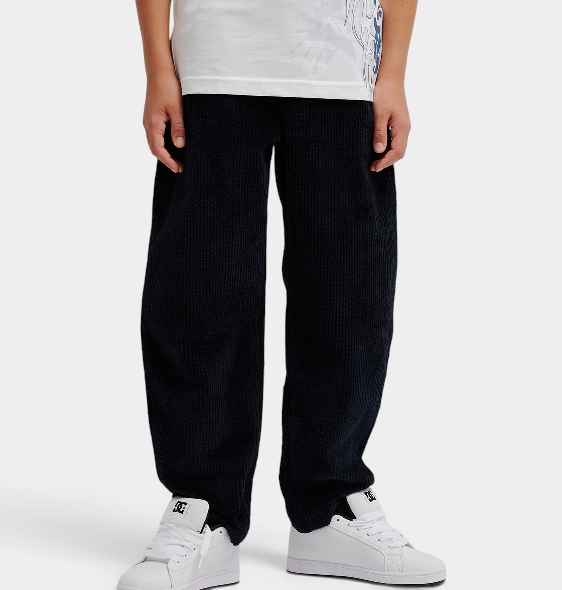DC Barrel Cord kids trousers in black, wide-leg corduroy trousers with an elasticated waist