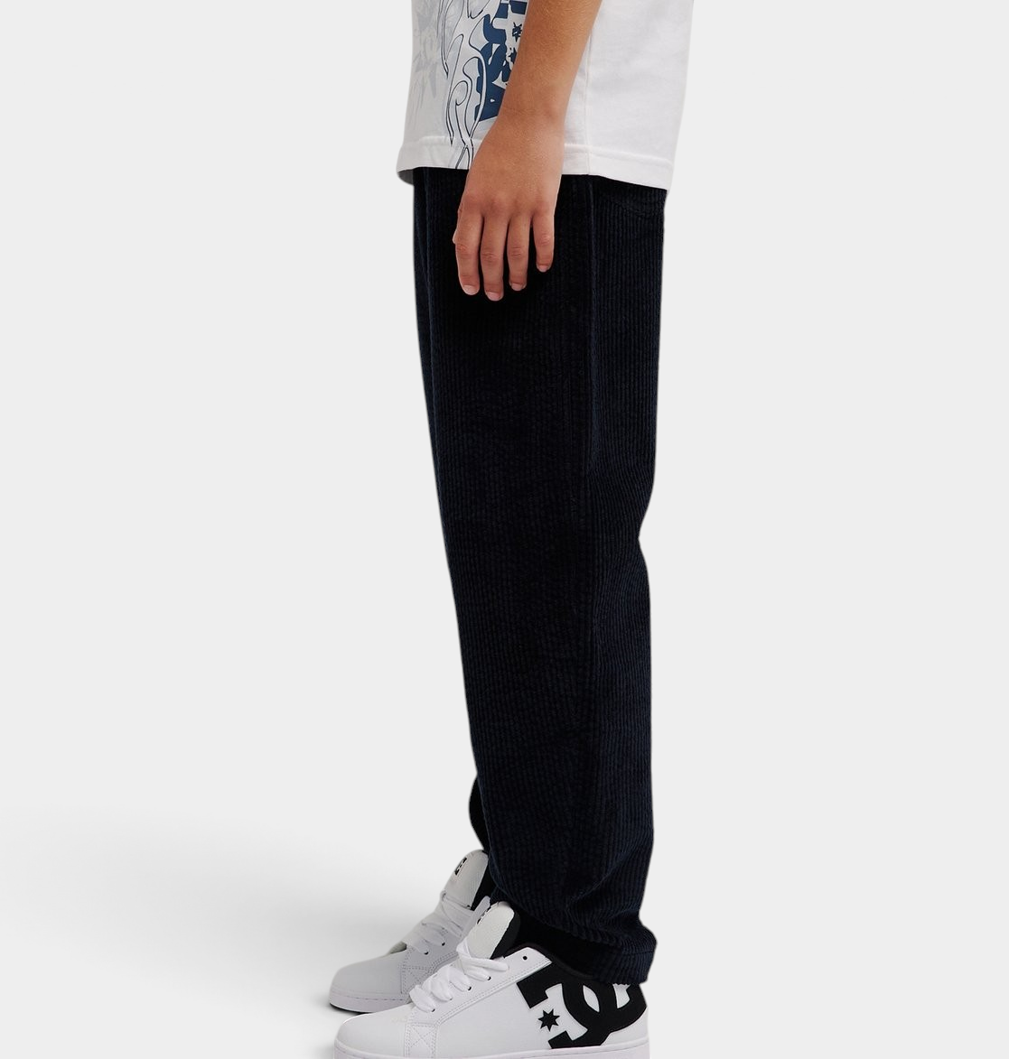 DC Barrel Cord kids trousers in black, wide-leg corduroy trousers with an elasticated waist