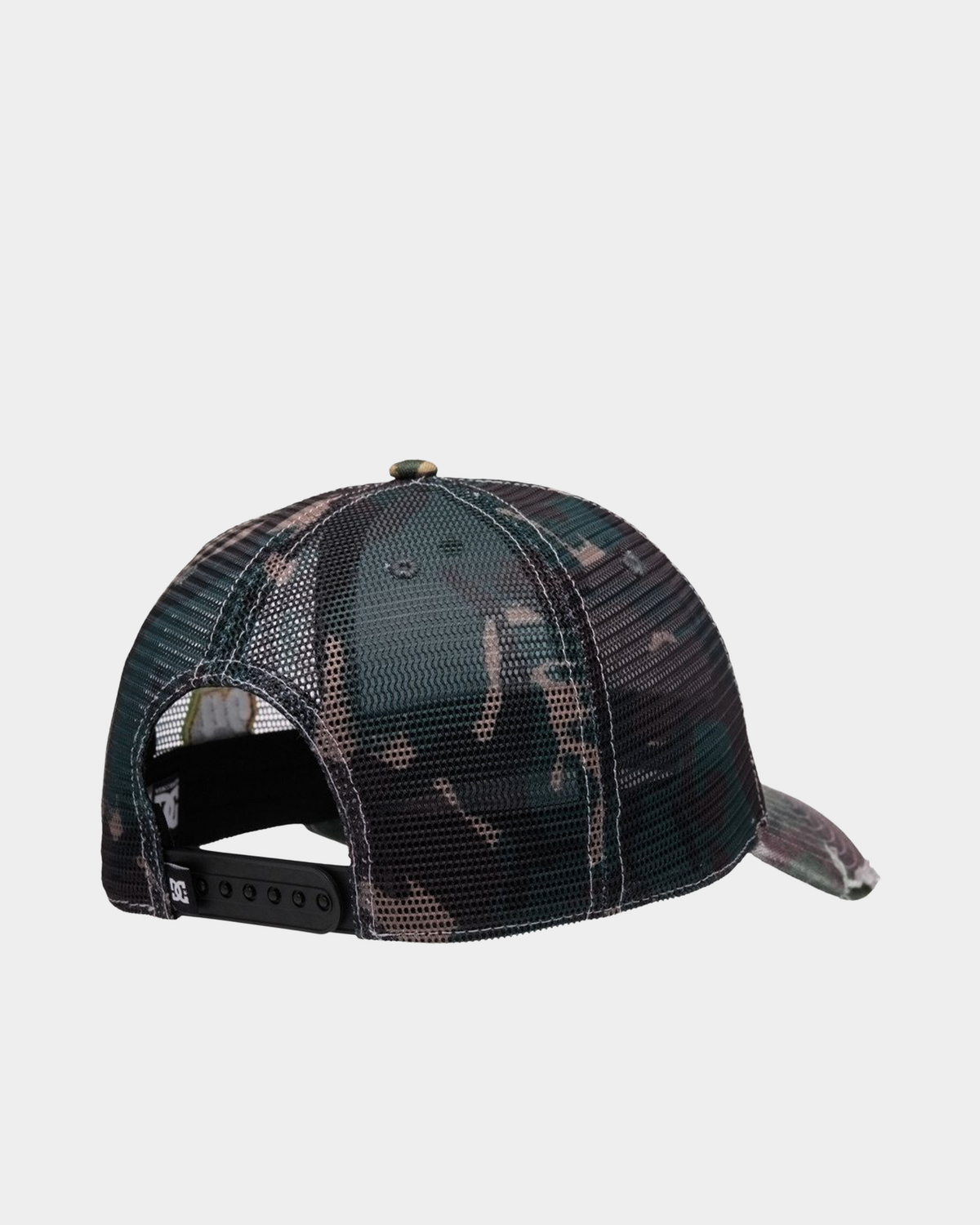 DC Shoes Fish On Cap in Classic Camo, back view showing the camo-printed mesh back panels and the black plastic snapback closure with a DC logo tab