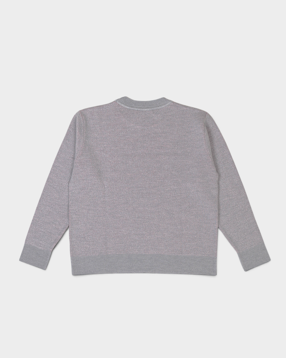 Lockwood Varsity Knit Sweater in Grey/Red, flat-lay back: plain heather grey knit