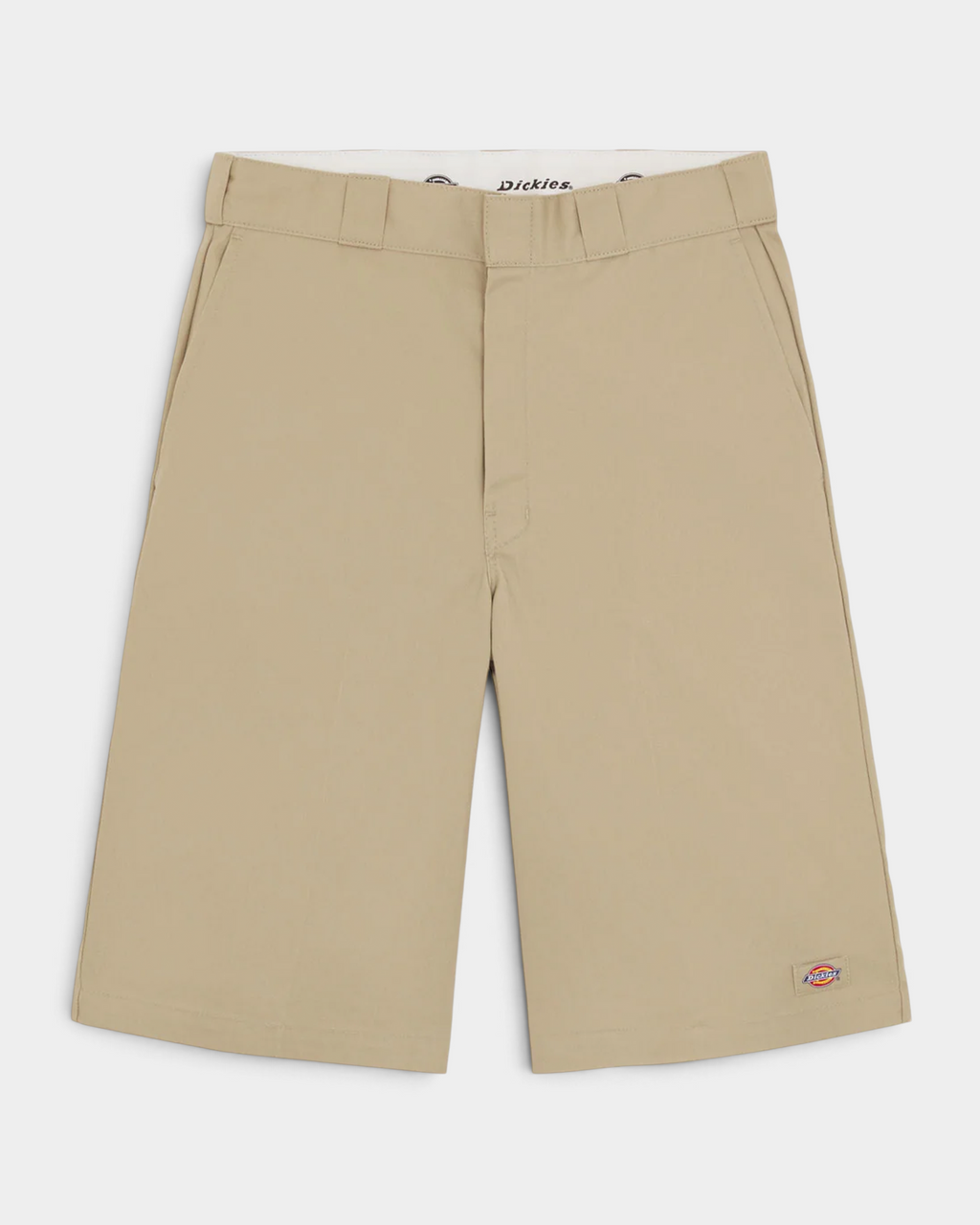 Lockwood Avenue Dickies 247 GD 13 inch work shorts in stone, front flat lay showing the belt loops and slash pockets