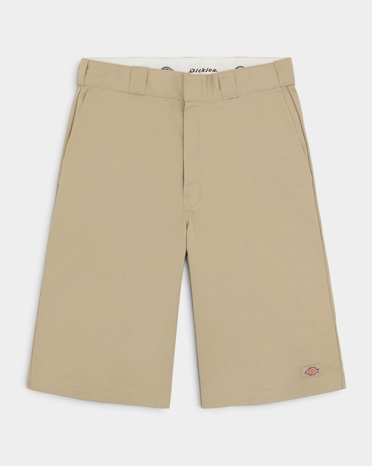 Lockwood Avenue Dickies 247 GD 13 inch work shorts in stone, front flat lay showing the belt loops and slash pockets