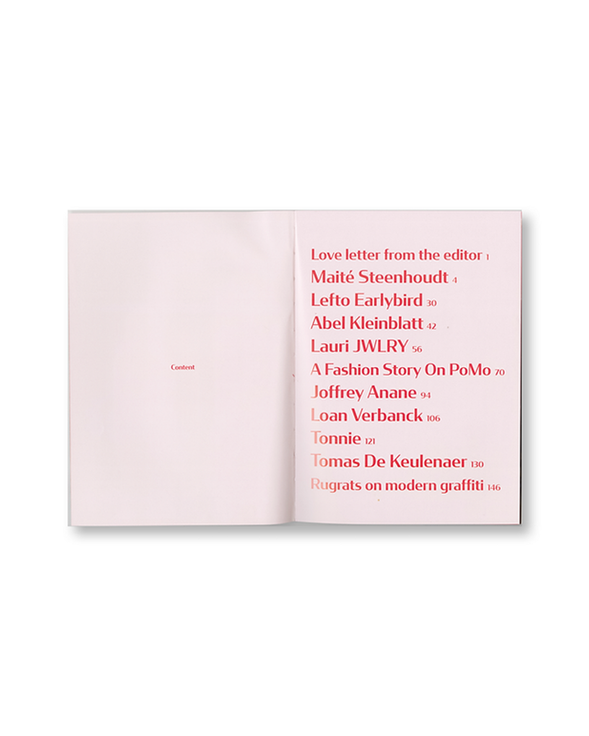 Lockwood Avenue Donnie Magazine Issue 3 open at the contents page, the list of contributors printed in red on pale pink