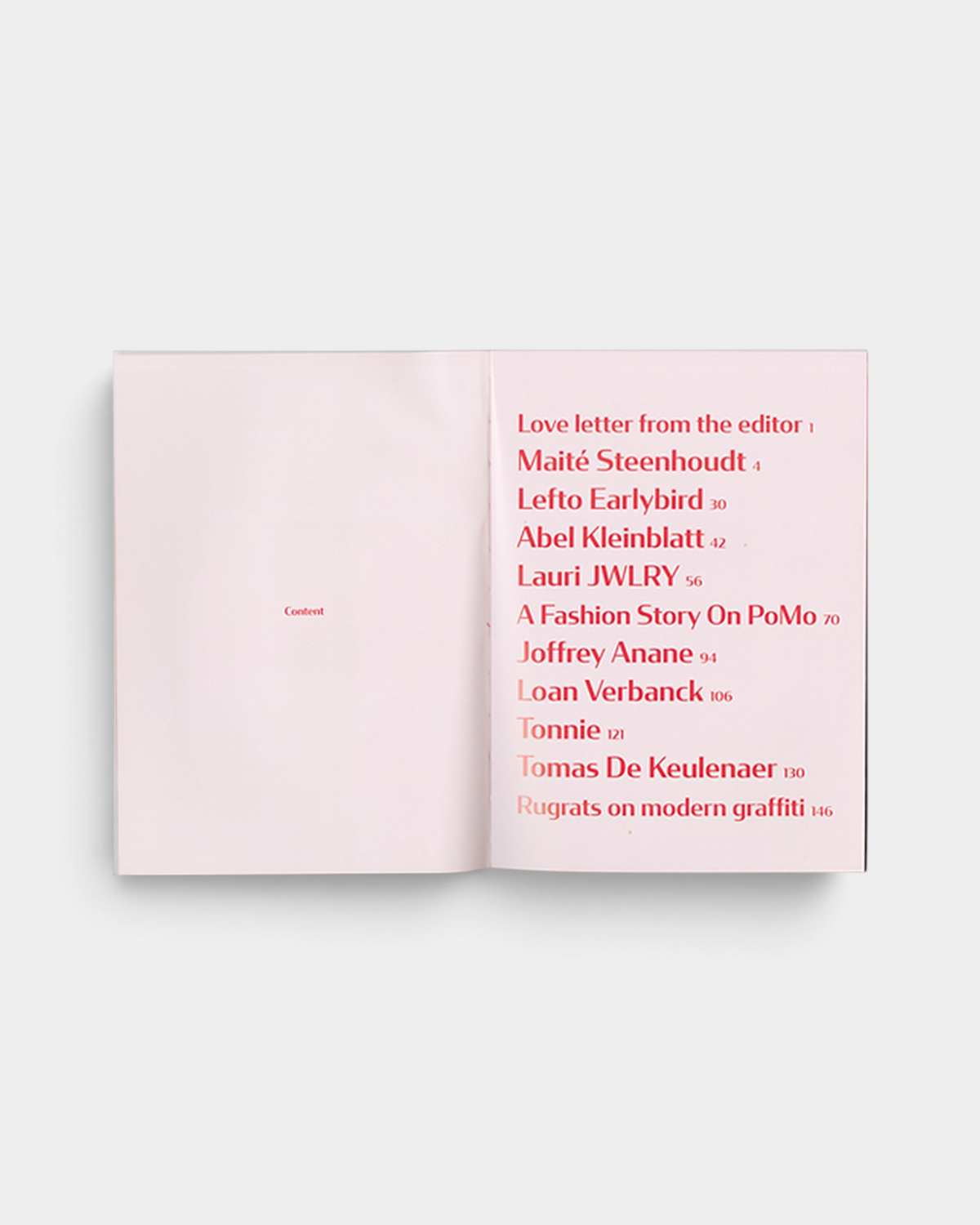Lockwood Avenue Donnie Magazine Issue 3 open at the contents page, the list of contributors printed in red on pale pink