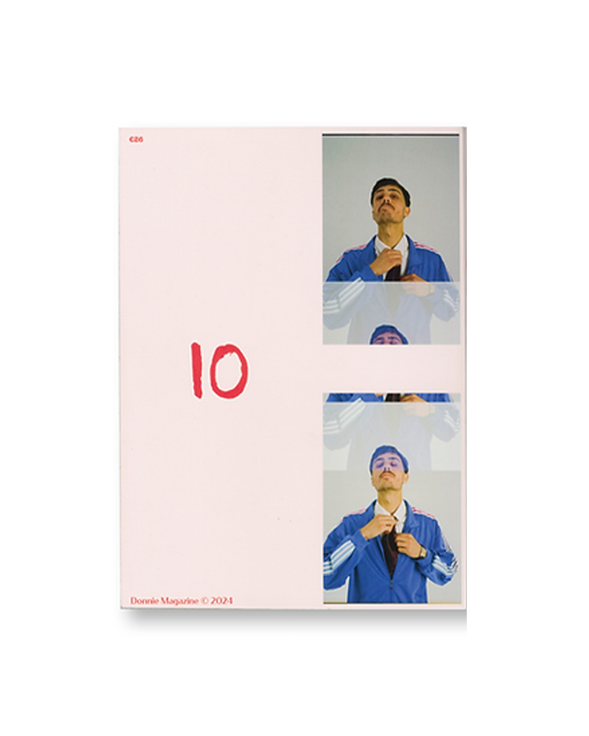 Lockwood Avenue Donnie Magazine Issue 3 open at a spread with a hand-drawn red 10 and a strip of film frames of a man in a blue track jacket adjusting his tie