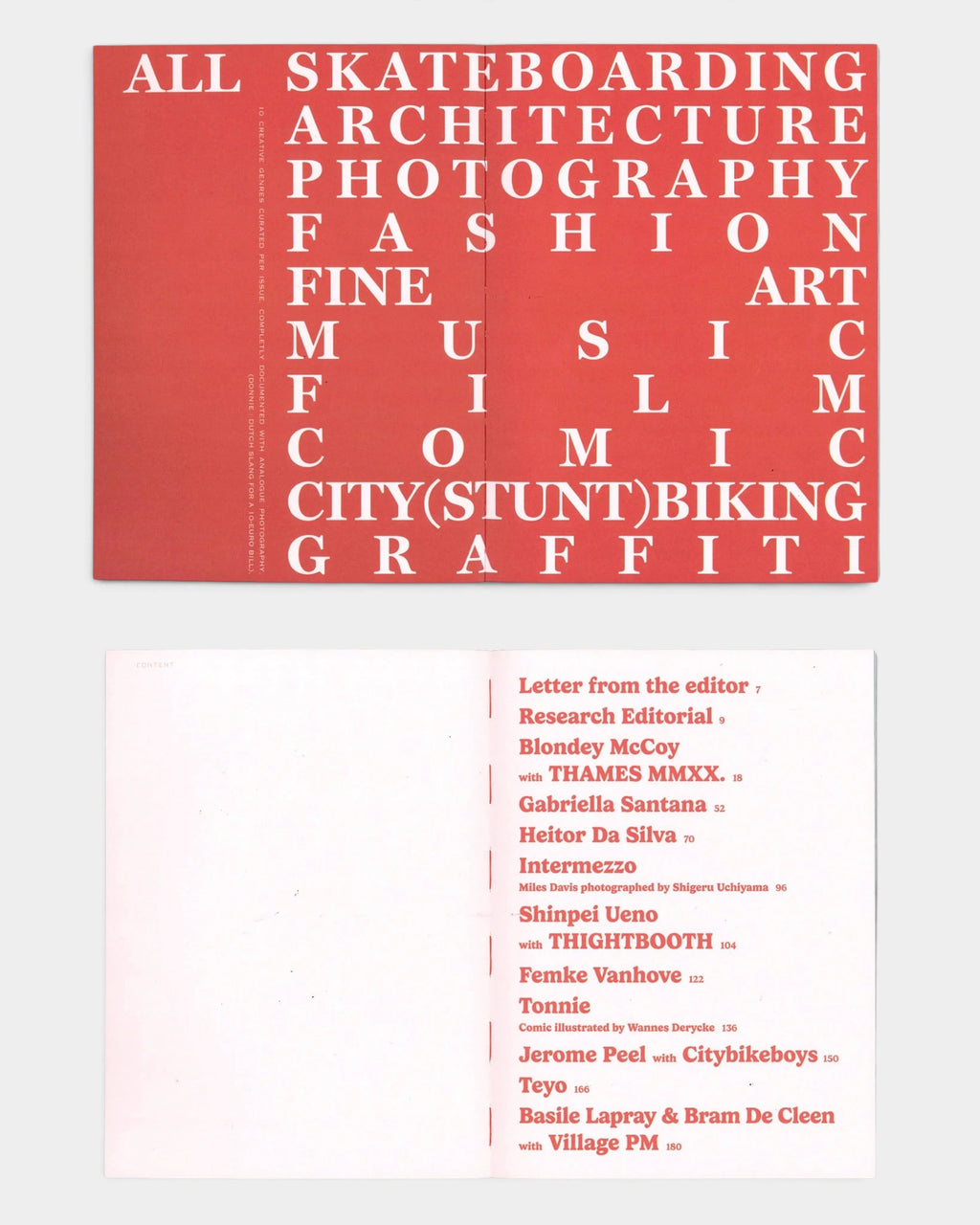 Lockwood Avenue Donnie Magazine Issue 5 open at a red spread listing the creative genres and, below it, the contents page with the contributor list in red on pale pink