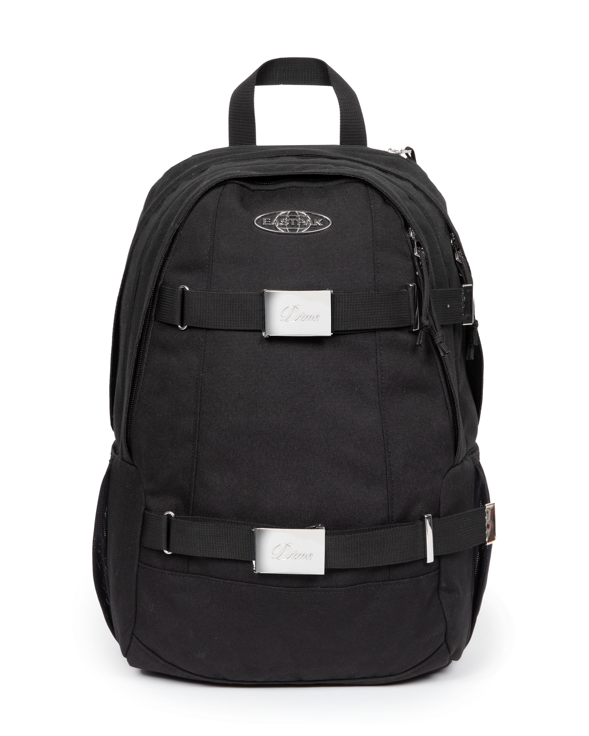 Eastpak x Dime Getter Backpack in Dime Black, front view of the all black canvas pack showing the chrome Eastpak globe badge and two webbing straps with engraved Dime buckle plates
