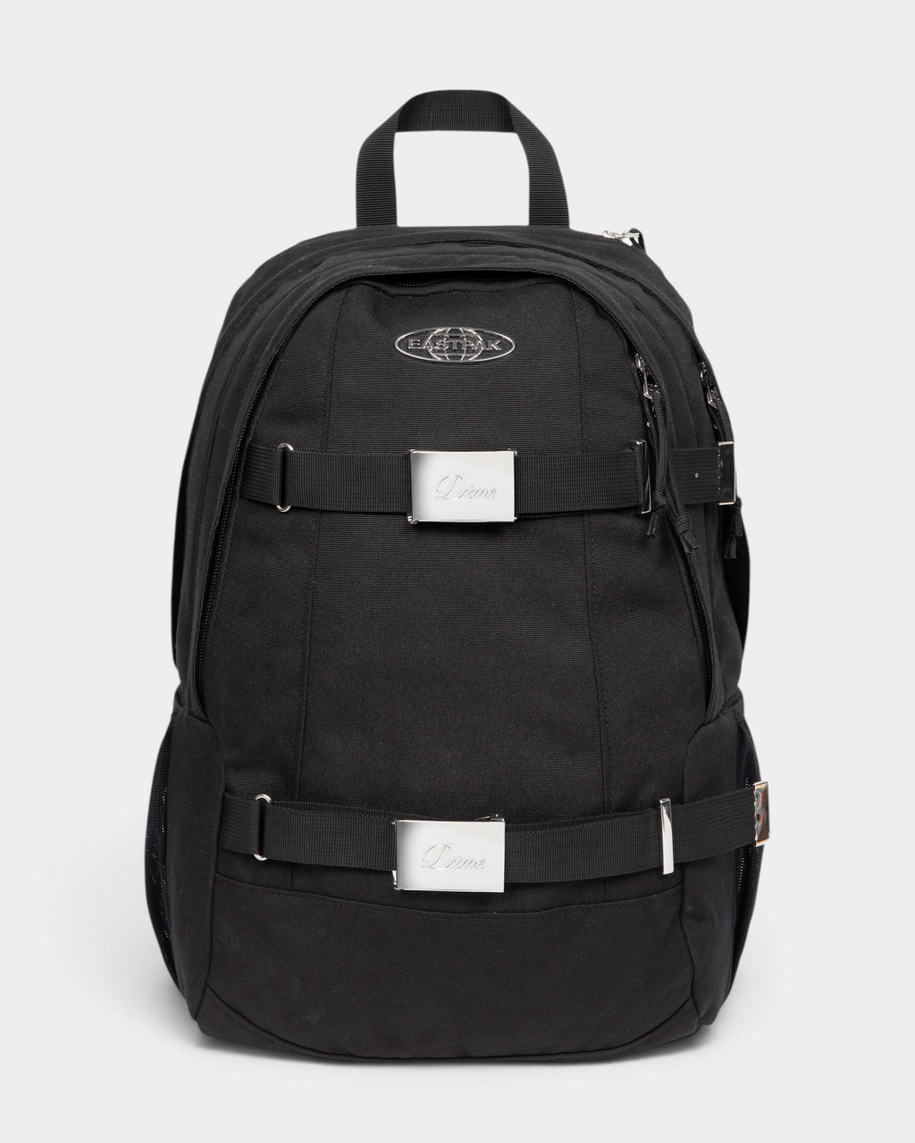 Eastpak x Dime Getter Backpack in Dime Black, front view of the all black canvas pack showing the chrome Eastpak globe badge and two webbing straps with engraved Dime buckle plates