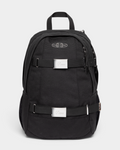 Eastpak x Dime Getter Backpack in Dime Black, front view of the all black canvas pack showing the chrome Eastpak globe badge and two webbing straps with engraved Dime buckle plates
