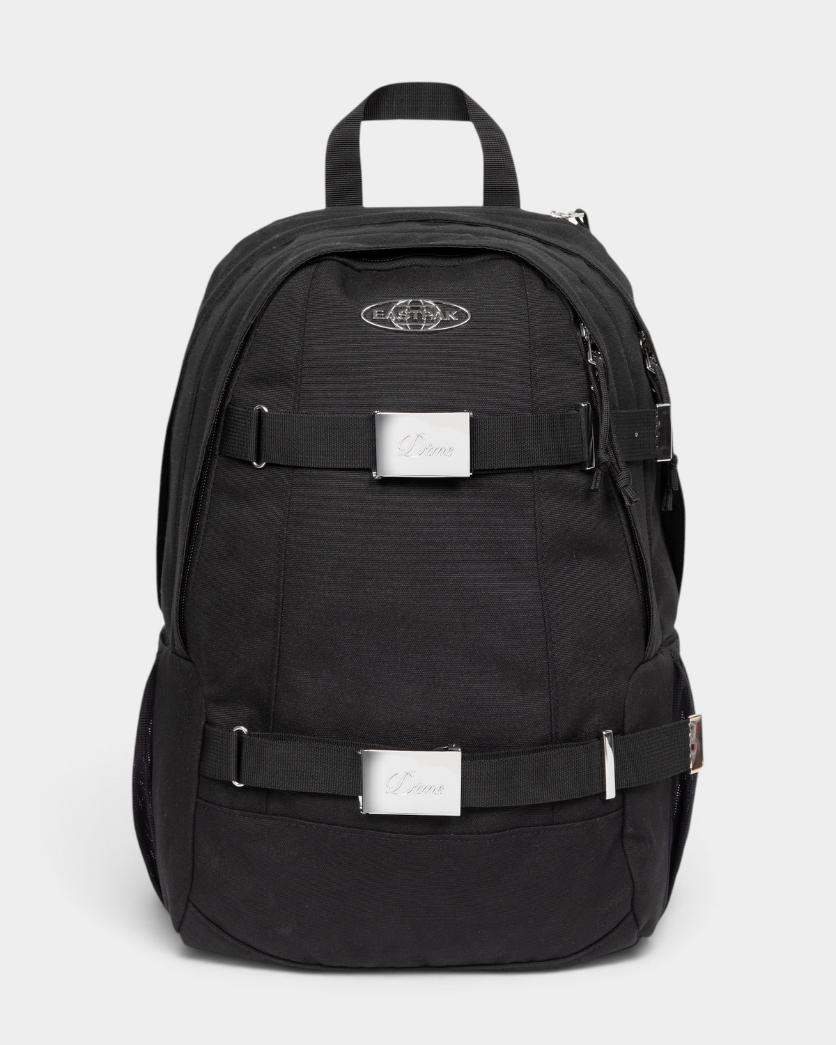 Eastpak x Dime Getter Backpack in Dime Black, front view of the all black canvas pack showing the chrome Eastpak globe badge and two webbing straps with engraved Dime buckle plates