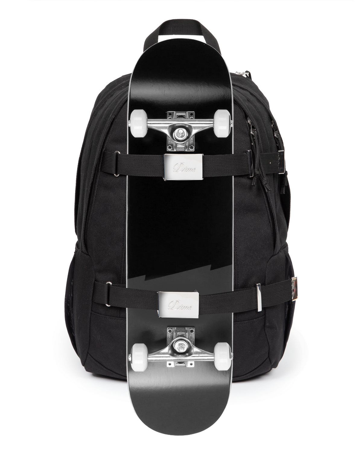 Eastpak x Dime Getter Backpack in Dime Black with a skateboard strapped to the front under both webbing straps, showing how the board carry works