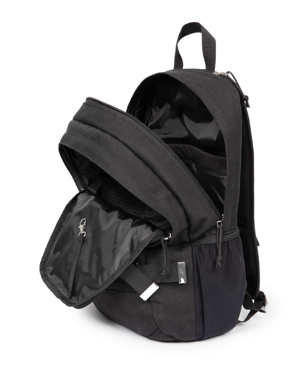 Eastpak x Dime Getter Backpack in Dime Black unzipped and open, showing the lined main compartment and the front organiser pocket
