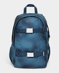 Eastpak x Dime Getter Backpack in Dime Navy, front view of the sprayed navy fade canvas pack showing the chrome Eastpak globe badge and two webbing straps with engraved Dime buckle plates
