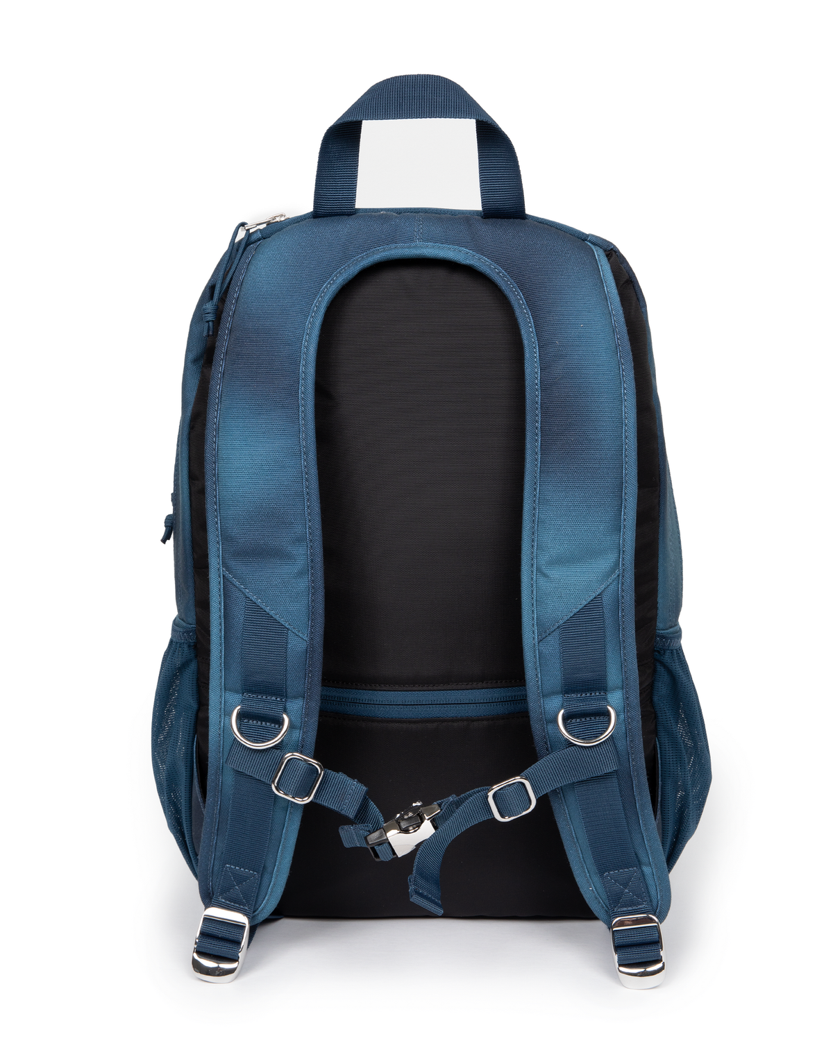 Eastpak x Dime Getter Backpack in Dime Navy, back view showing the padded shoulder straps, sternum strap and the zipped pocket on the back panel