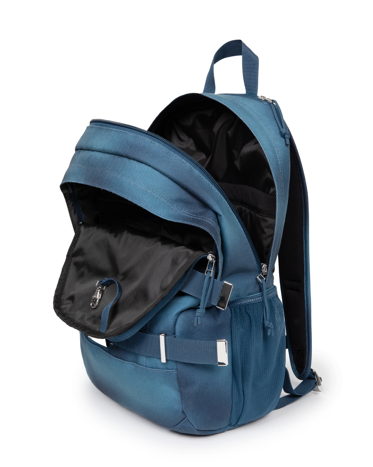 Eastpak x Dime Getter Backpack in Dime Navy unzipped and open, showing the lined main compartment and the front organiser pocket