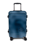 Eastpak x Dime Resist'R Case S in Dime Navy, front view of the navy hardshell cabin suitcase with its telescopic handle extended, four spinner wheels and the Dime and Eastpak badges on the lower right of the front panel