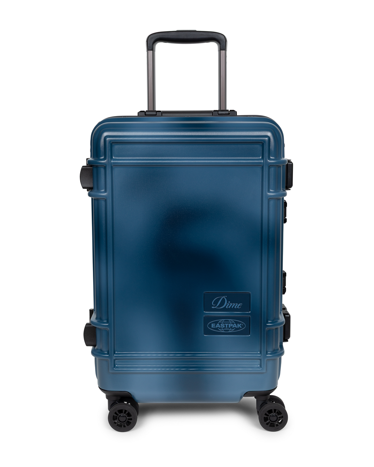 Eastpak x Dime Resist'R Case S in Dime Navy, front view of the navy hardshell cabin suitcase with its telescopic handle extended, four spinner wheels and the Dime and Eastpak badges on the lower right of the front panel