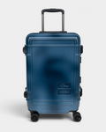 Eastpak x Dime Resist'R Case S in Dime Navy, front view of the navy hardshell cabin suitcase with its telescopic handle extended, four spinner wheels and the Dime and Eastpak badges on the lower right of the front panel
