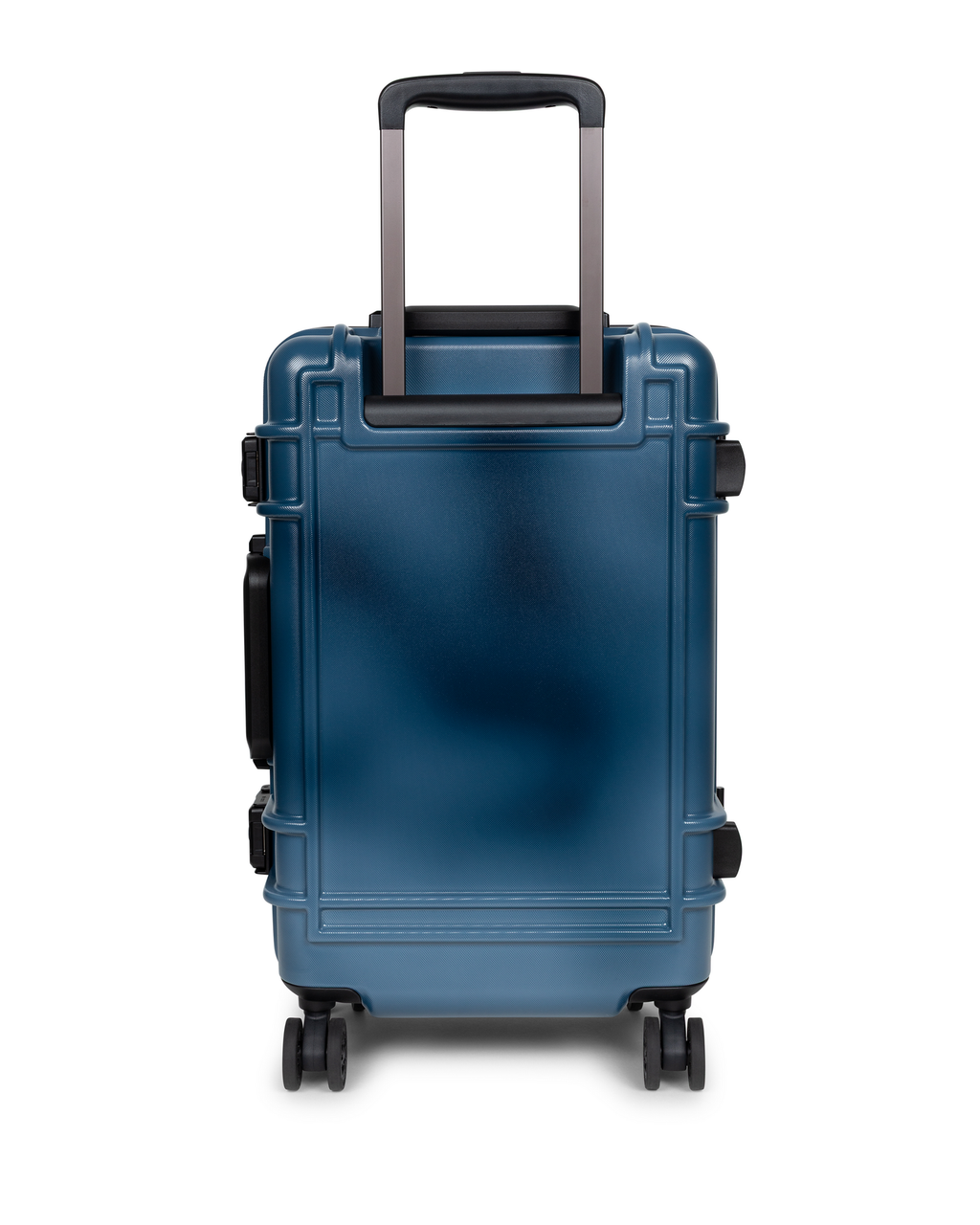 Eastpak x Dime Resist'R Case S in Dime Navy, back view showing the plain navy shell, the twin telescopic handle stems and the sprayed fade that runs lighter through the panel