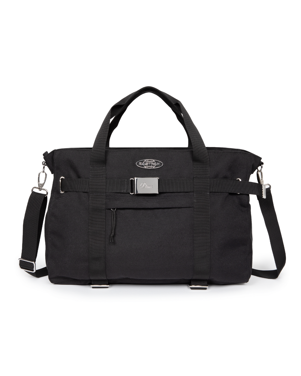 Eastpak x Dime Skate Tote in Dime Black, front view of the black canvas tote showing the chrome Eastpak globe badge, the webbing strap with an engraved Dime buckle plate and the detachable shoulder strap clipped on