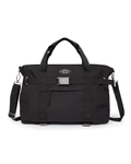 Eastpak x Dime Skate Tote in Dime Black, front view of the black canvas tote showing the chrome Eastpak globe badge, the webbing strap with an engraved Dime buckle plate and the detachable shoulder strap clipped on