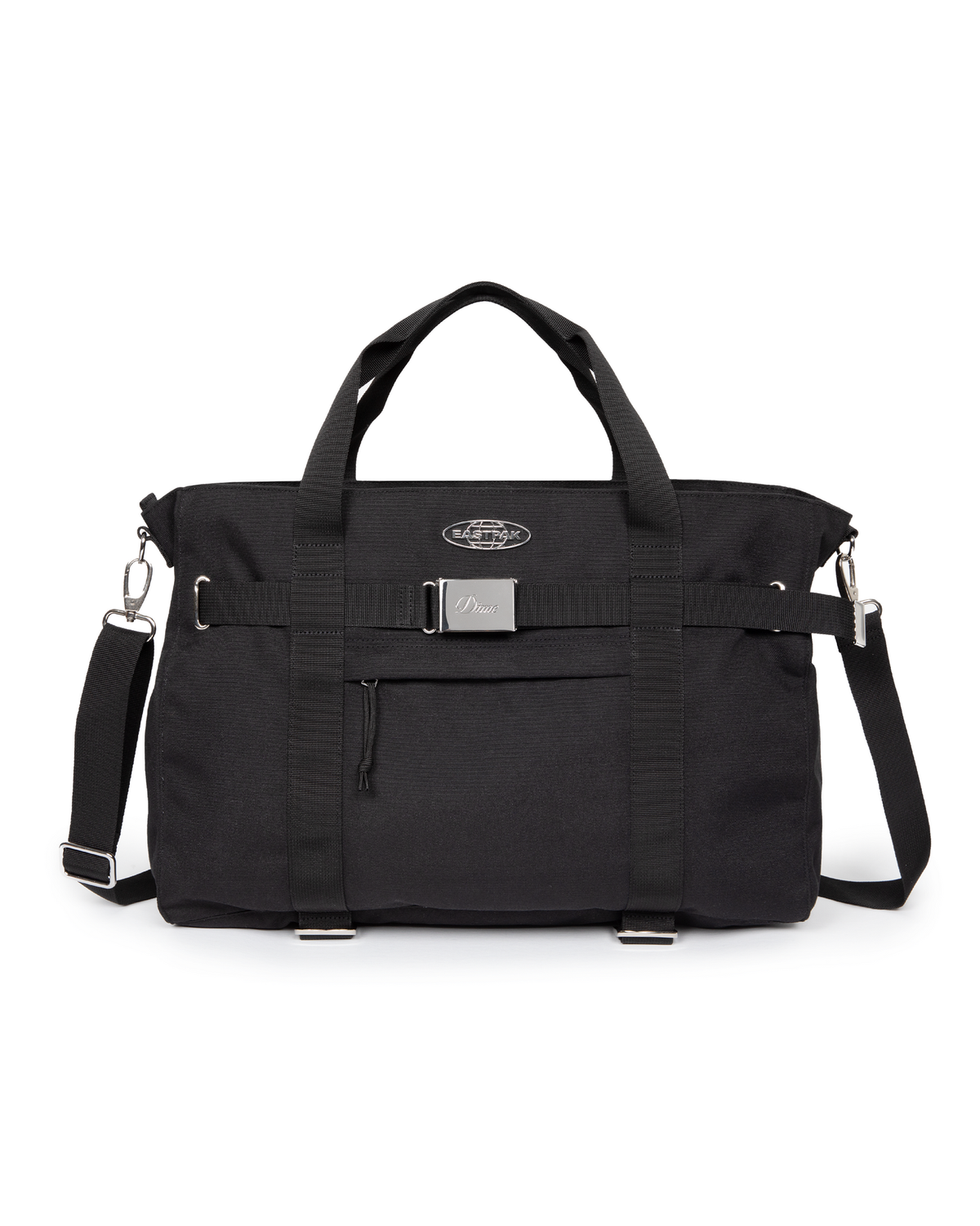 Eastpak x Dime Skate Tote in Dime Black, front view of the black canvas tote showing the chrome Eastpak globe badge, the webbing strap with an engraved Dime buckle plate and the detachable shoulder strap clipped on