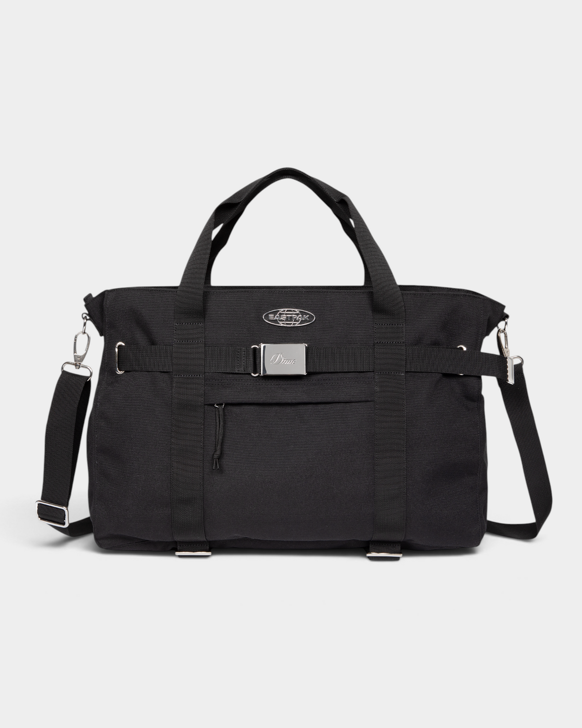 Eastpak x Dime Skate Tote in Dime Black, front view of the black canvas tote showing the chrome Eastpak globe badge, the webbing strap with an engraved Dime buckle plate and the detachable shoulder strap clipped on