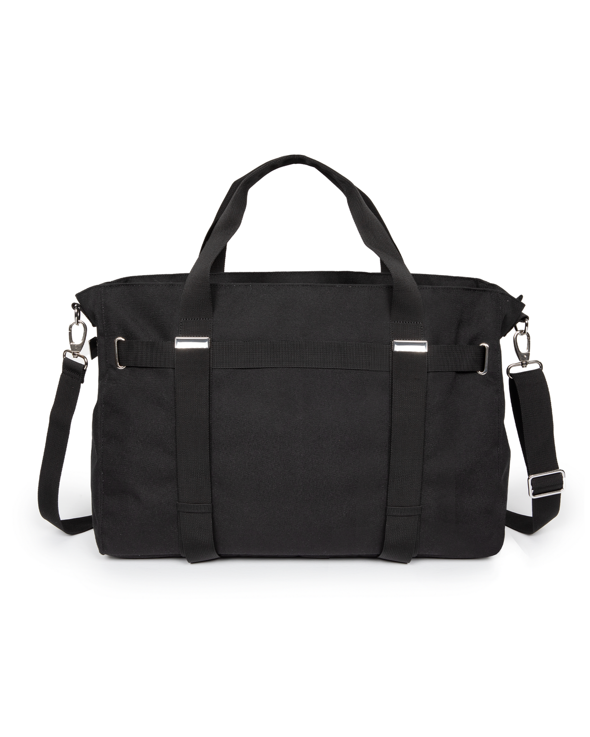 Eastpak x Dime Skate Tote in Dime Black, back view showing the plain canvas back panel, the twin webbing carry handles running down it and the adjustable shoulder strap