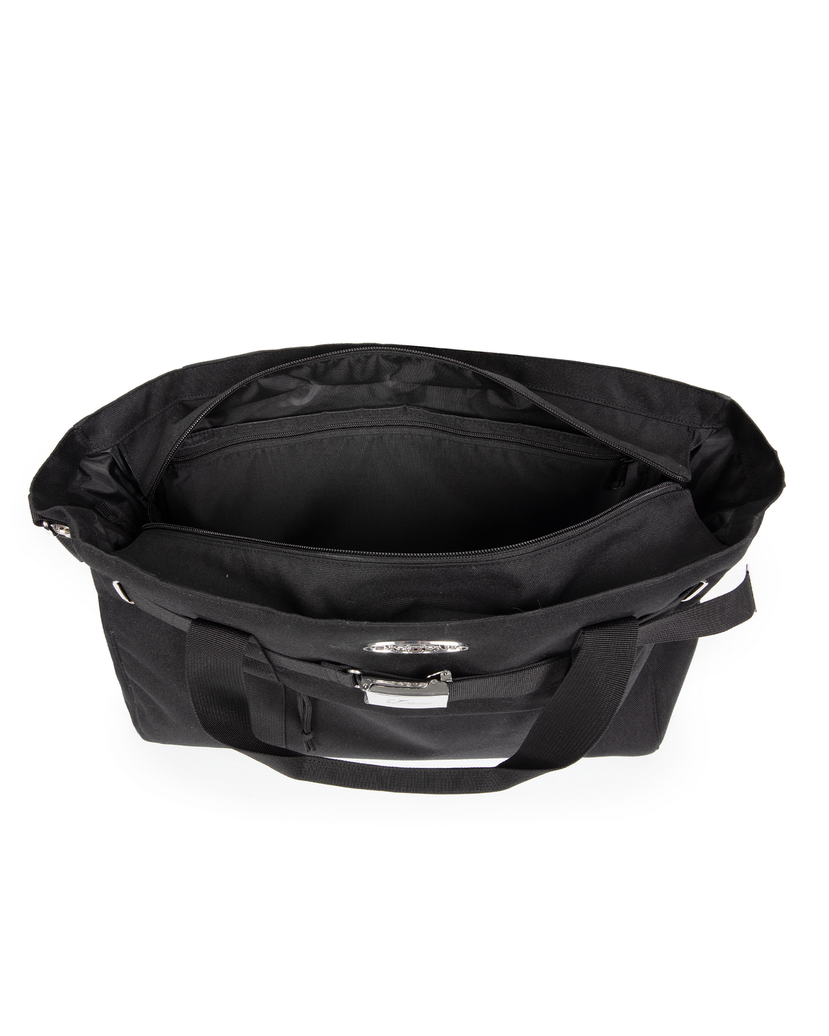 Eastpak x Dime Skate Tote in Dime Black seen from above with the top zip open, showing the lined interior and the zipped inner pocket