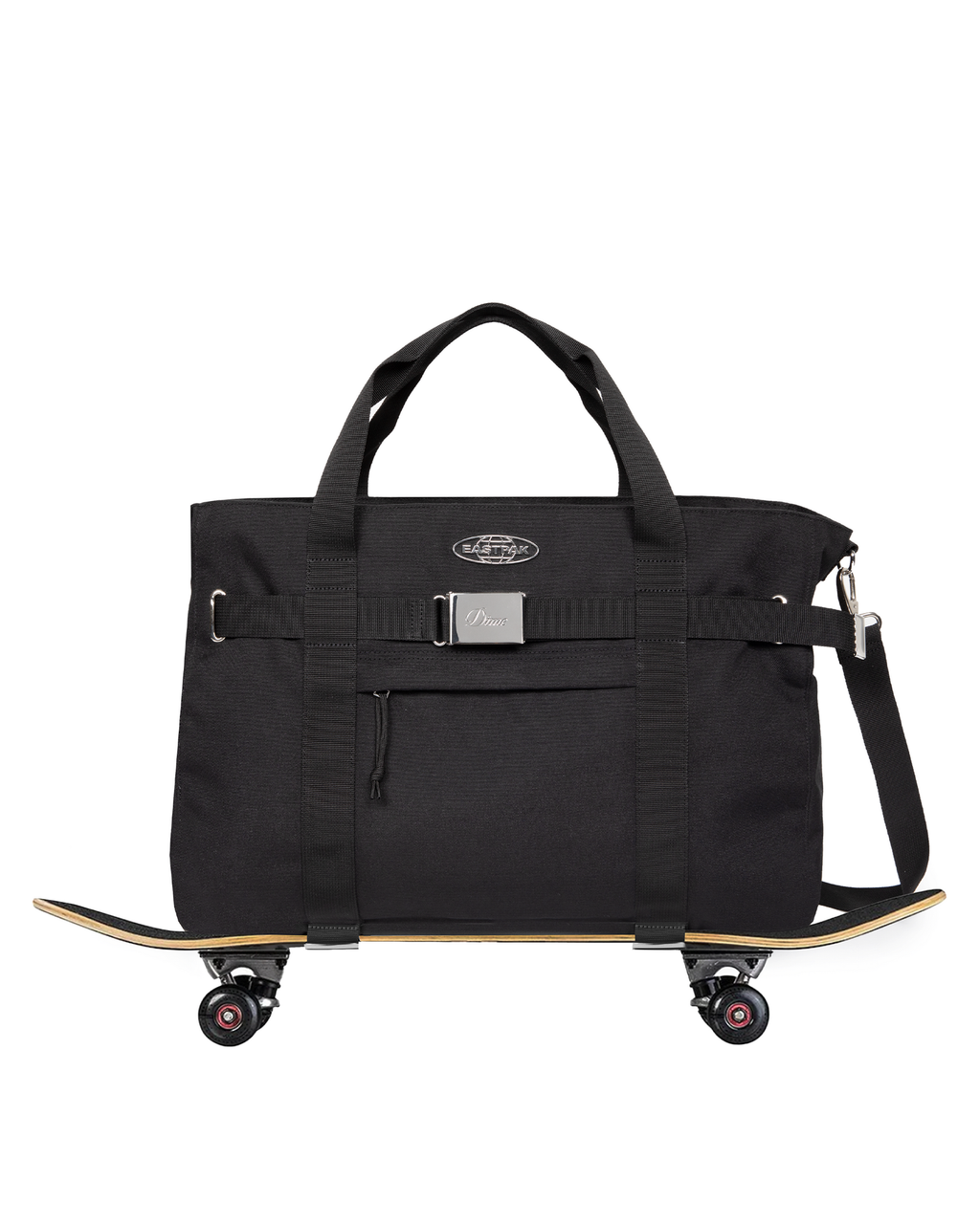 Eastpak x Dime Skate Tote in Dime Black sitting on a complete skateboard, held by the two webbing straps under the base of the bag