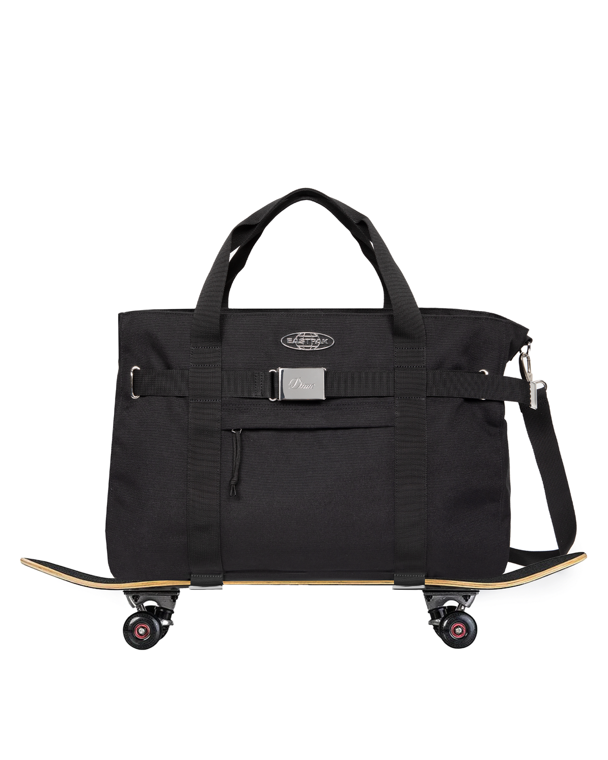 Eastpak x Dime Skate Tote in Dime Black sitting on a complete skateboard, held by the two webbing straps under the base of the bag