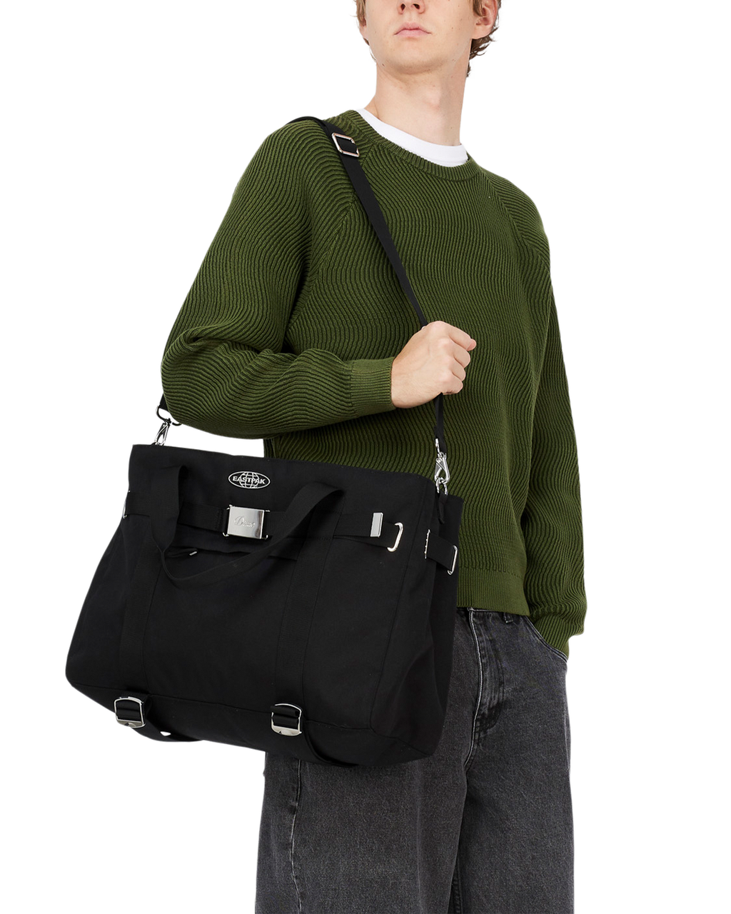 Eastpak x Dime Skate Tote in Dime Black worn crossbody on the detachable shoulder strap