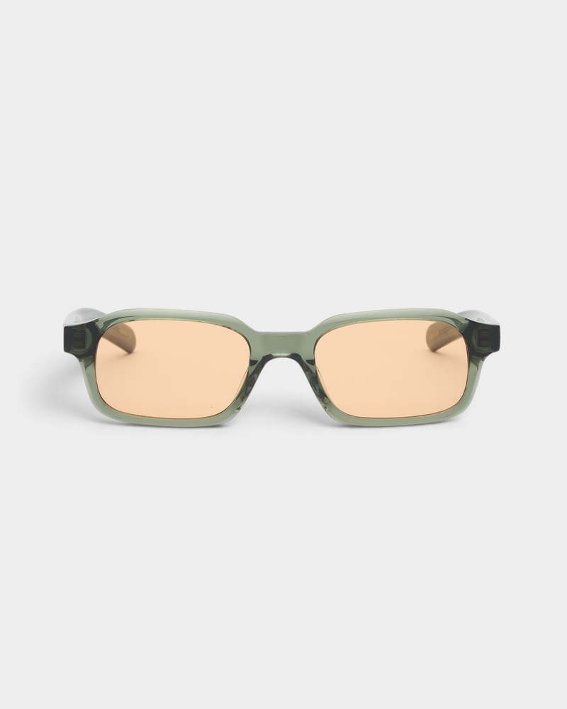Flatlist Hanky sunglasses in translucent crystal duck green acetate with faded orange Carl Zeiss lenses, front view