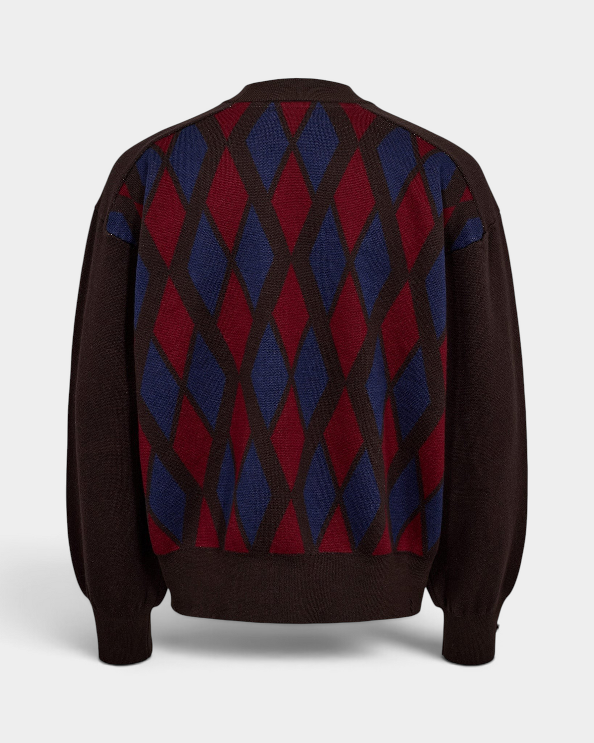 Han Kjøbenhavn Checked Knit Sweater in Brown laid flat from the back, showing the red and blue diamond jacquard running across the whole body with no lettering