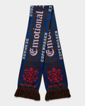 Han Kjøbenhavn Club Scarf in Midnight Navy laid flat and folded at the middle, showing red and cream crests and Emotional Club lettering on a deep navy ground, with fringe tassels at both ends