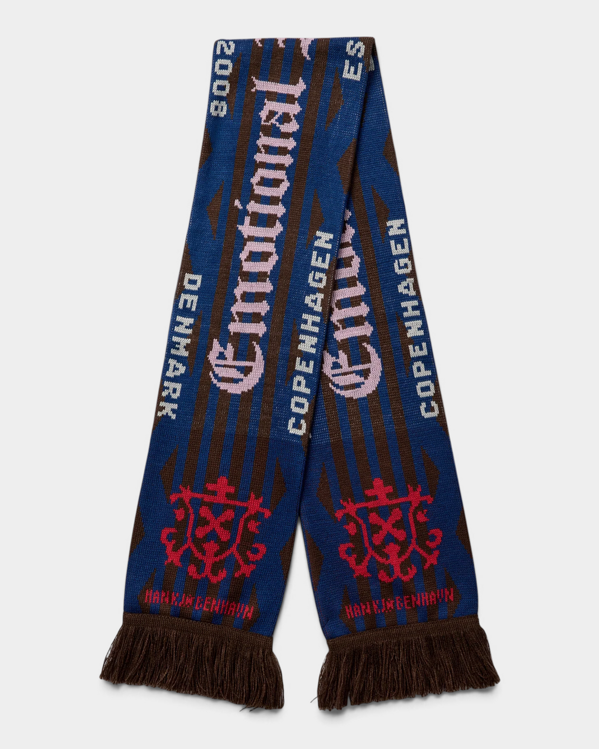 Han Kjøbenhavn Club Scarf in Midnight Navy laid flat and folded at the middle, showing red and cream crests and Emotional Club lettering on a deep navy ground, with fringe tassels at both ends